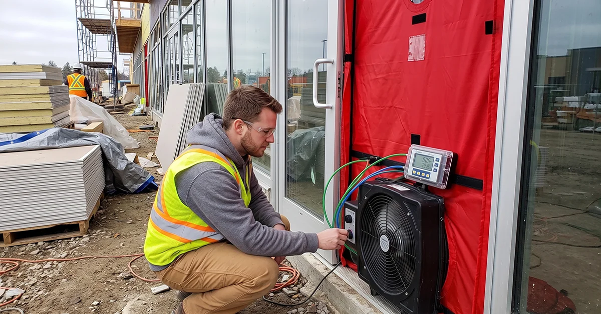Blower door testing equipment detecting air leakage on a construction site