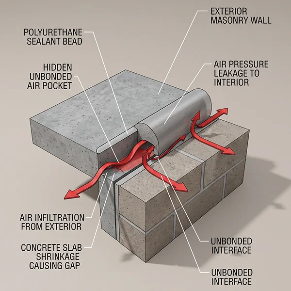 Air leakage pathway caused by a gap behind an airtightness seal