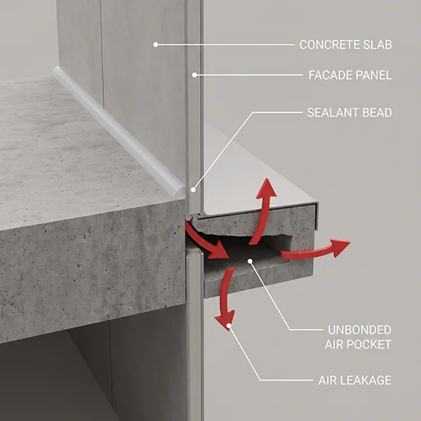 Visible gap behind building seal that can allow uncontrolled air leakage