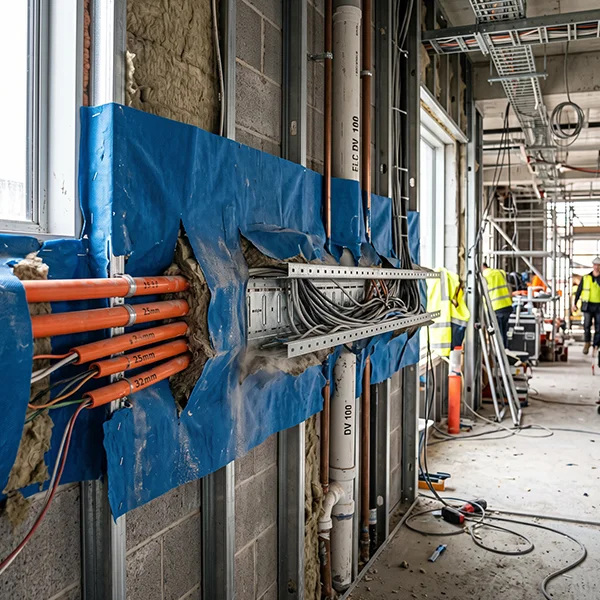Construction service penetration with inadequate airtightness sealing