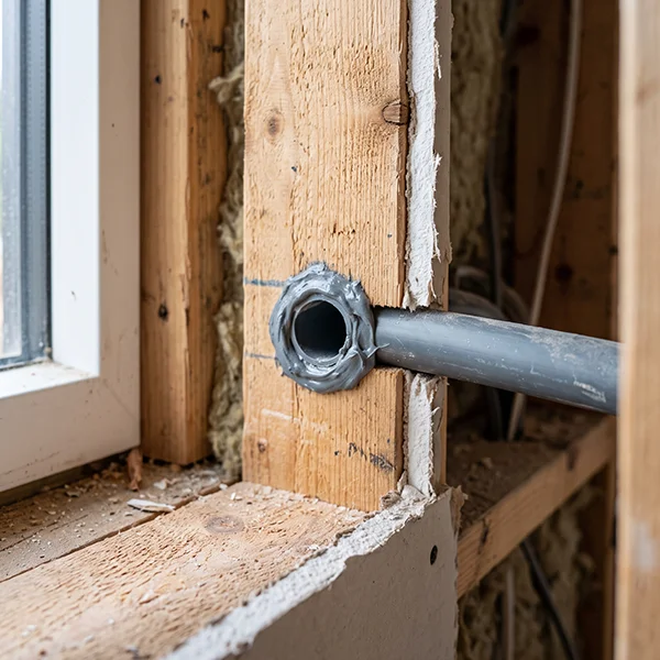 Faulty sealing around a building service penetration identified during airtightness inspection