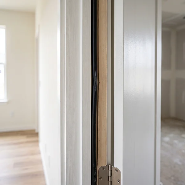 Door frame seal with installation gaps that can contribute to building air leakage