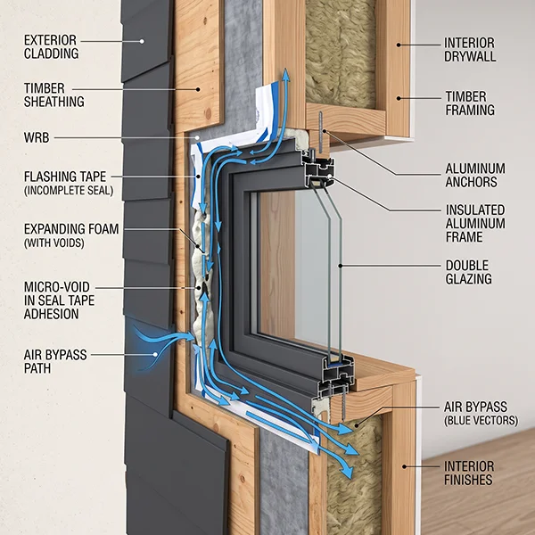 Incorrectly fitted door and window seal creating a potential air leakage path