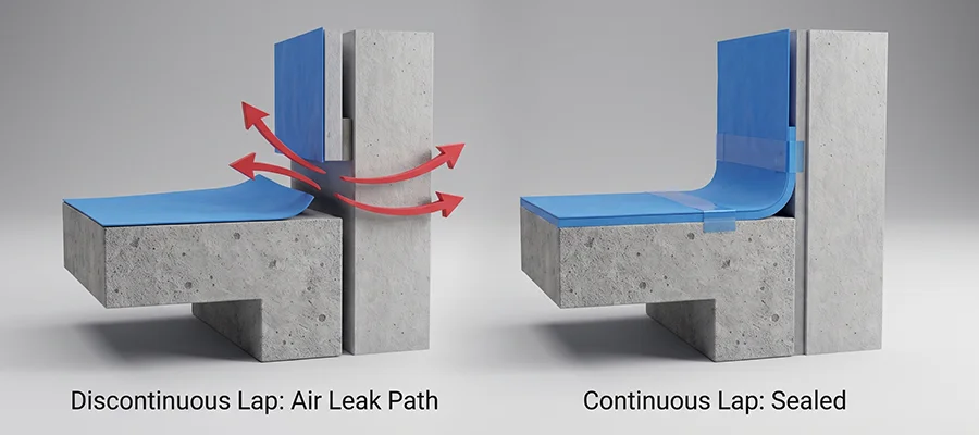 Diagram comparing discontinuous versus continuous slab edge membrane laps