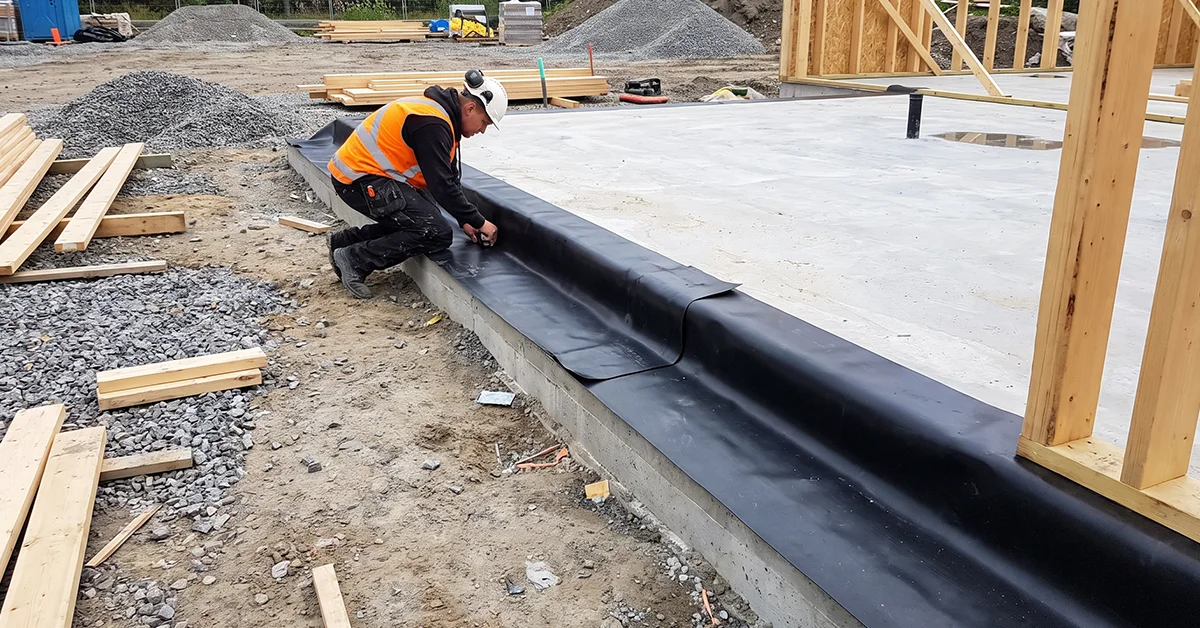 Continuous airtightness membrane being sealed along a slab edge on site