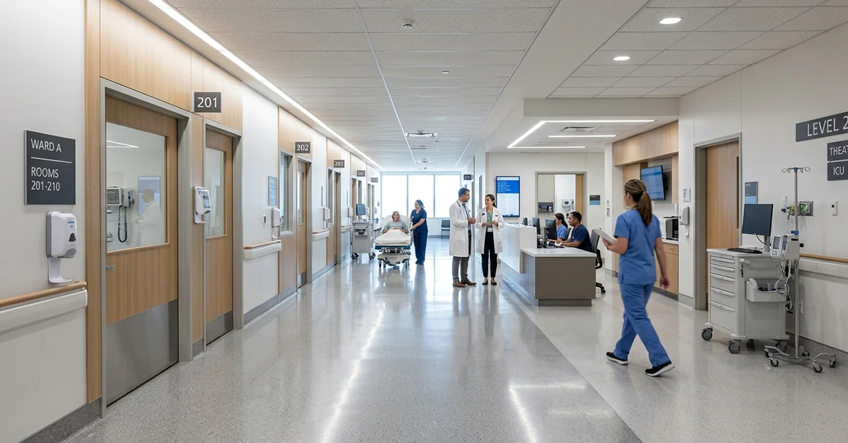 Hospital corridor showing sealed doors and ceiling junctions relevant to airtightness testing